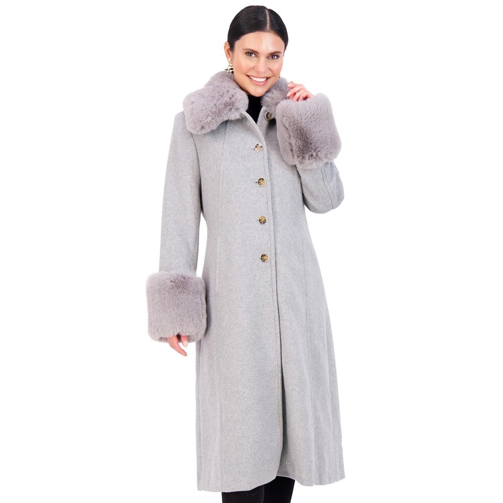 Vince Camuto Women's Wool Trench Peacoat with Fur Collar, Heather Gray, Size M